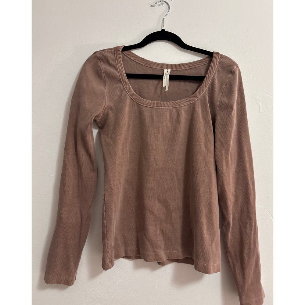 Anthropologie Womens Long Sleeve Ribbed Scoop Neck Top Mauve OB1272177 L